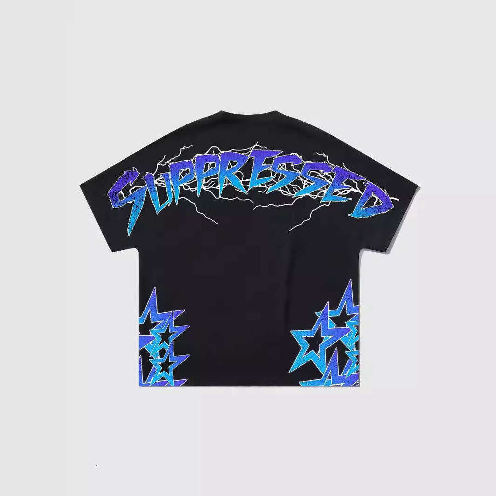 Summer American High Street Loose Lightning Skull and Pentagram Printed Short Sleeve T-shirt