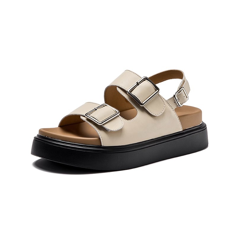 2025 sandals for women flat slippers Soft leather women's thick bottom buckle black brown khaki indoor outdoor casual shoes sandal slipper slide