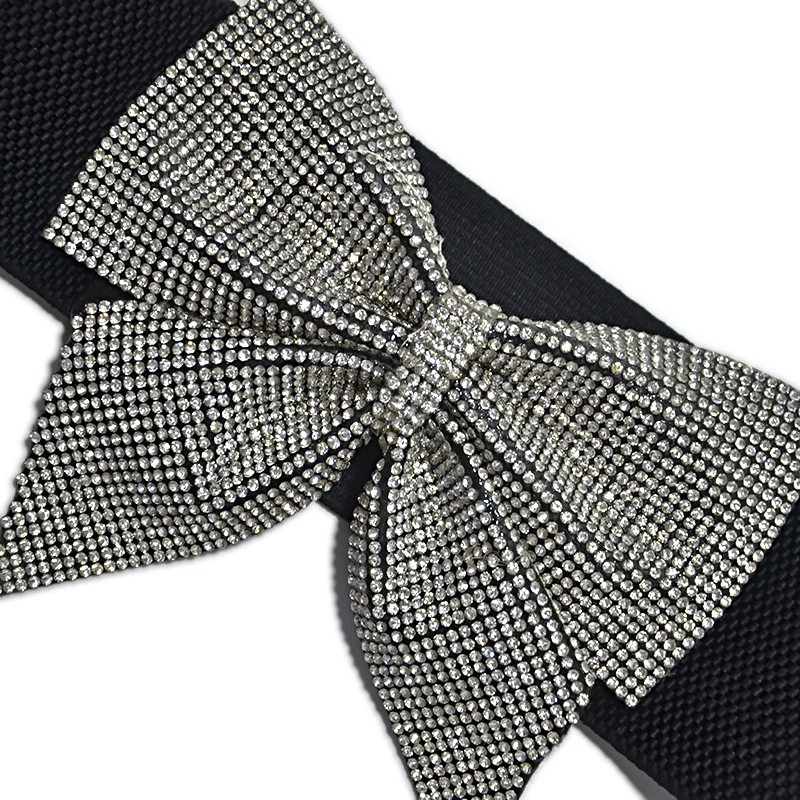 New rhinestone bow elastic elastic ladies decorative dress belt wide waist seal black