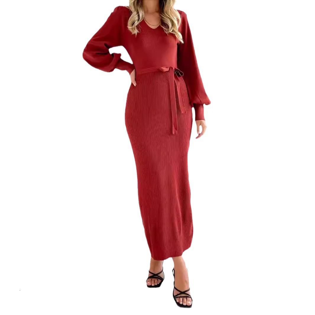 Womens New Autumn/winter Knitted Dress Slim Fit Deep V-neck Woolen Dress