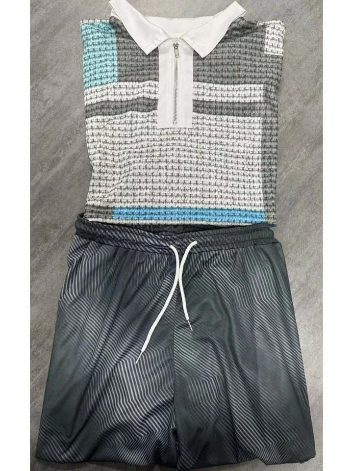 Two-tone Patchwork Mens Short Sleeve Shirt And Shorts Set Street Polo Top And Shorts Set Zipper Lapel Short Sleeve Shorts 250109