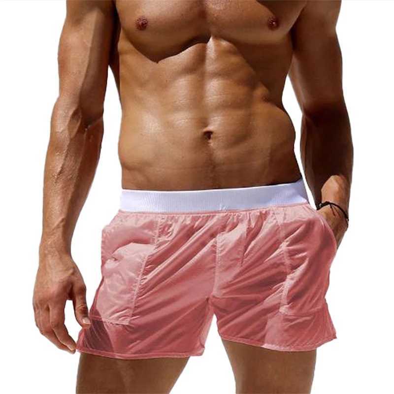 Board Shorts Men Swimming Trunks Solid Color Elastic Waist See-through Summer Beach Shorts Swimwear with Pockets W250215
