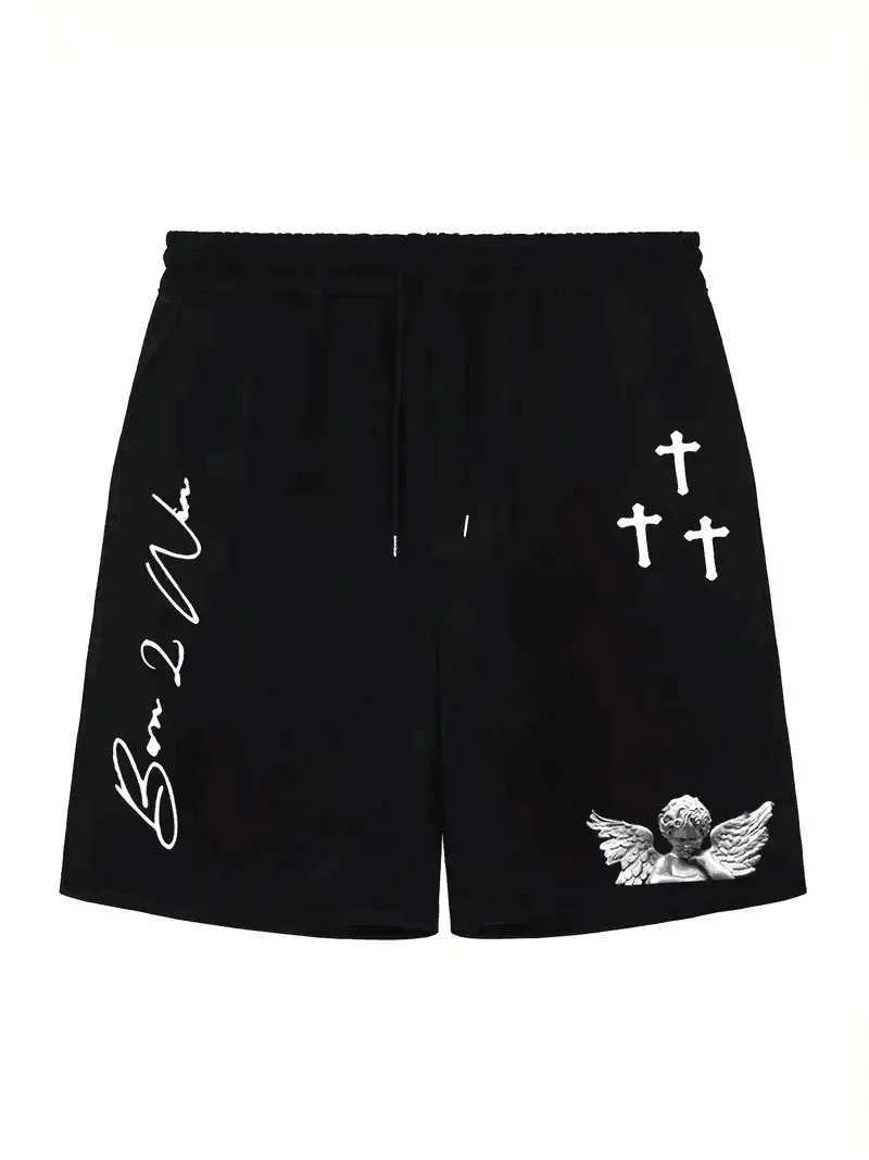 2024 Summer Mens Street Casual Shorts Angel Graphic Printed 100% Cotton Shorts Sports Breathable Mens Outdoor Five-Point PantsXJ250114