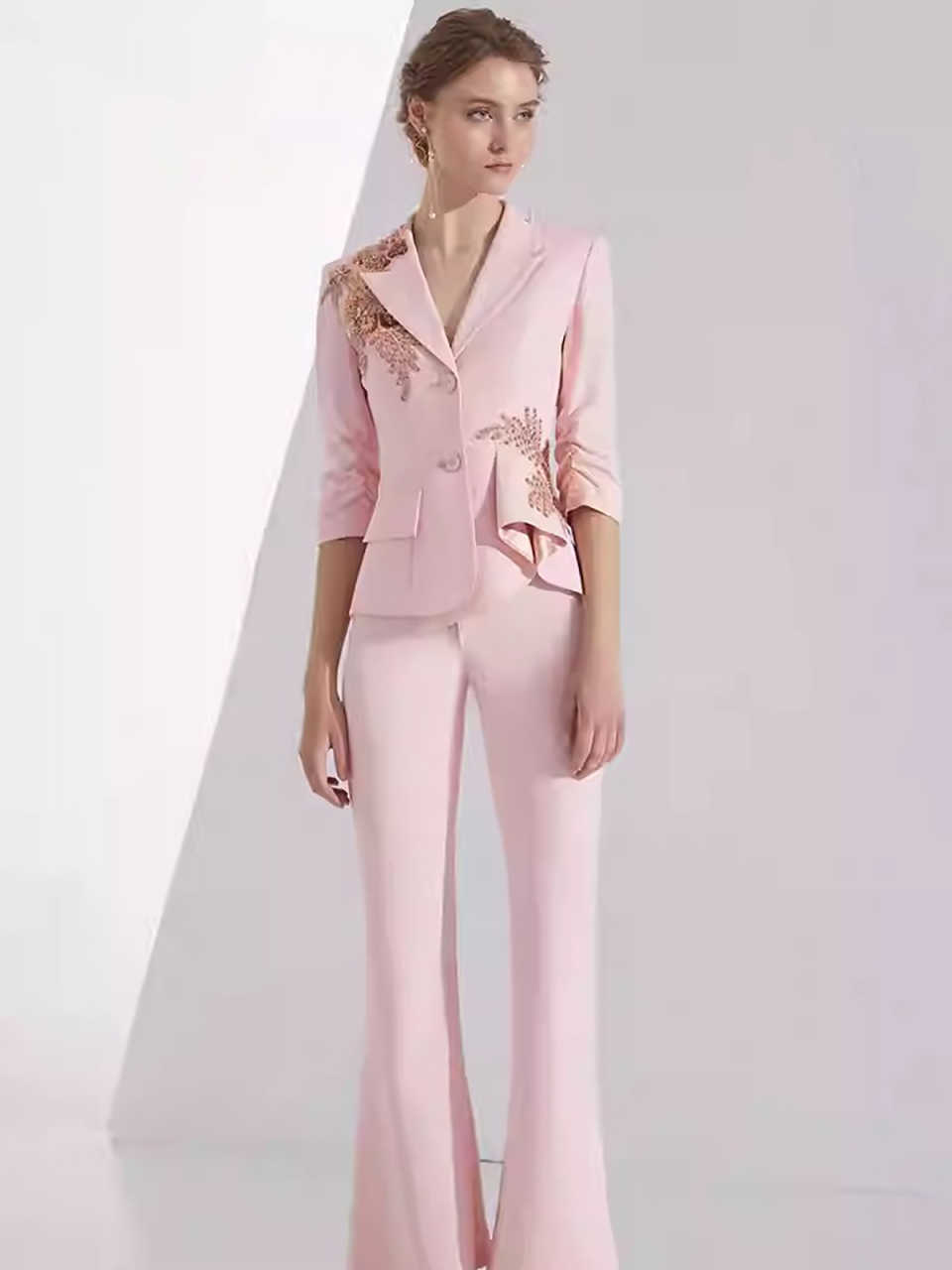 Customized Pink Spring Women Pants Sets Designer Beads Appliques Ladies Prom Birthday Party Formal Wear Outfit Jacket 2 Pieces