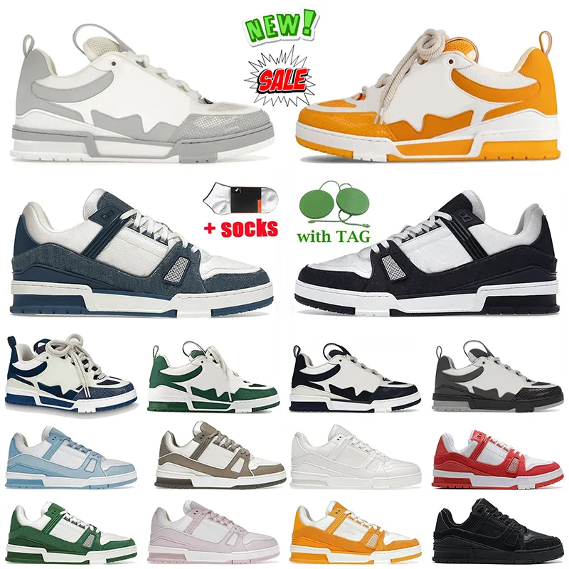 Designer Shoes luxury calfskin skate sneakers fashion brand womens mens virgil multicolor overlays flat trainers white black denim blue pink platform skateboard