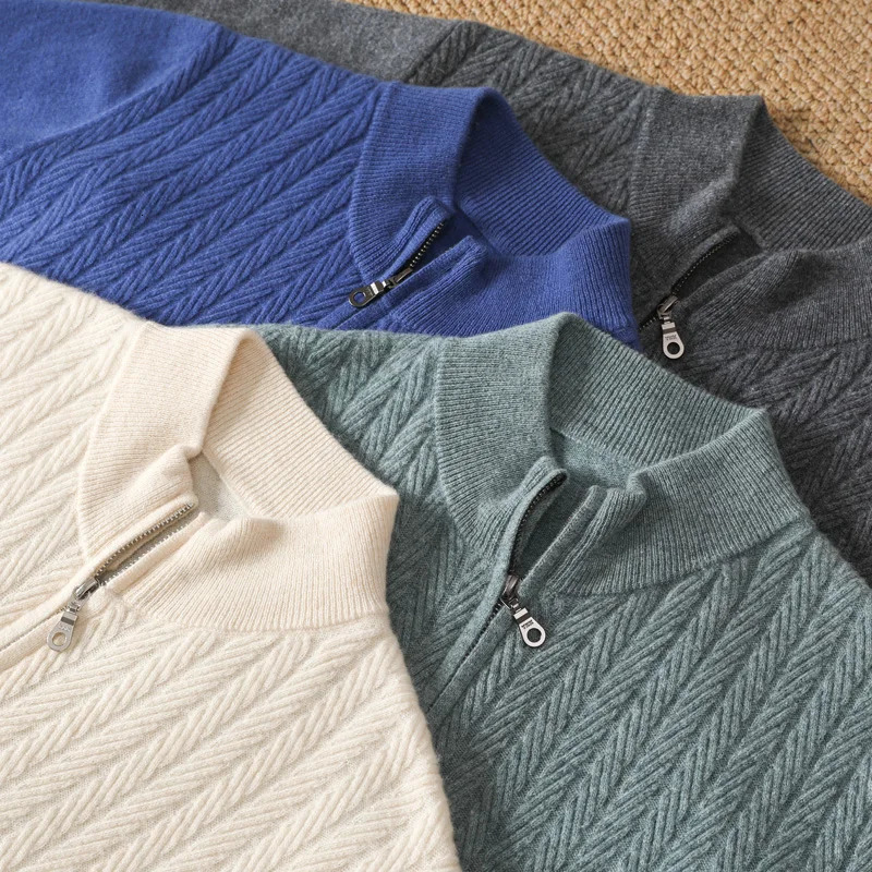 Mens Autumn And Winter Top 100% Merino Wool Knit Sweater With Zipper Stand Up Collar And Wheat Grain Pattern Cardigan 250113 - view 6