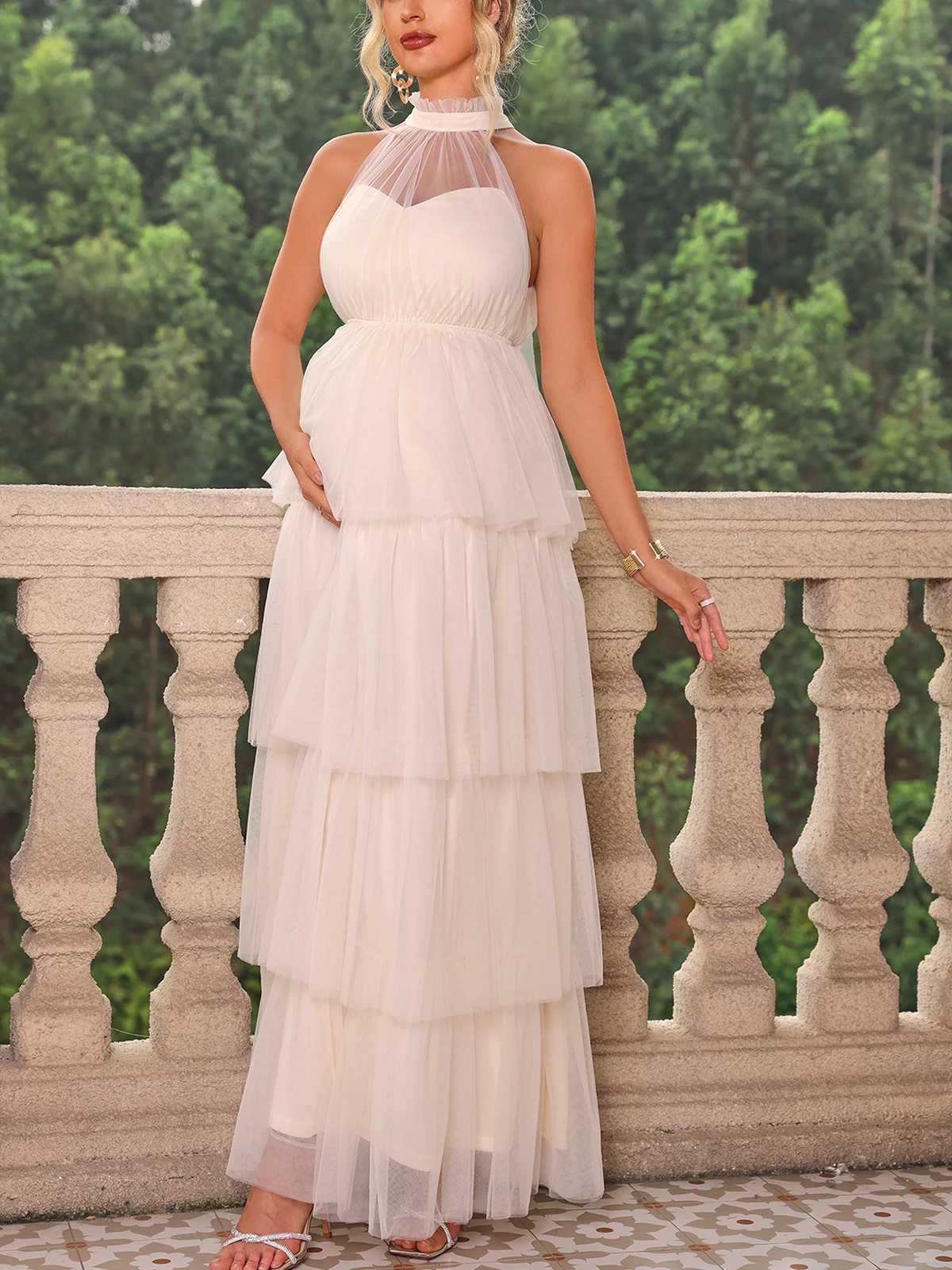 Itsroya solid mesh laminated pleated maternity dress O-neck sleeveless photography prop dress elegant evening gown maternity dress W250113