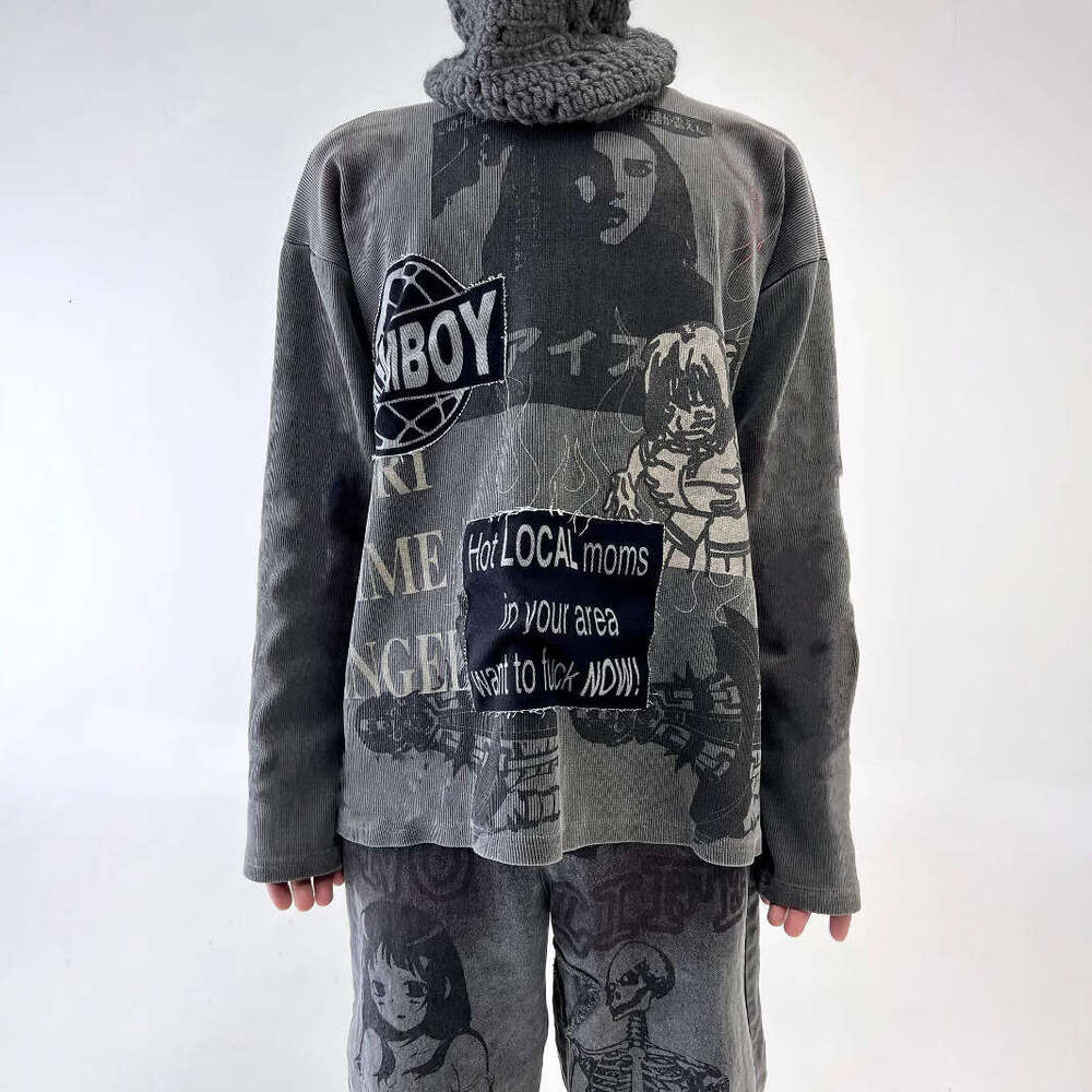 Y2K American Spring New Cartoon Printed Patch Embroidered Heavy Industry Men's and Women's Same Style Loose Long Sleeve Top