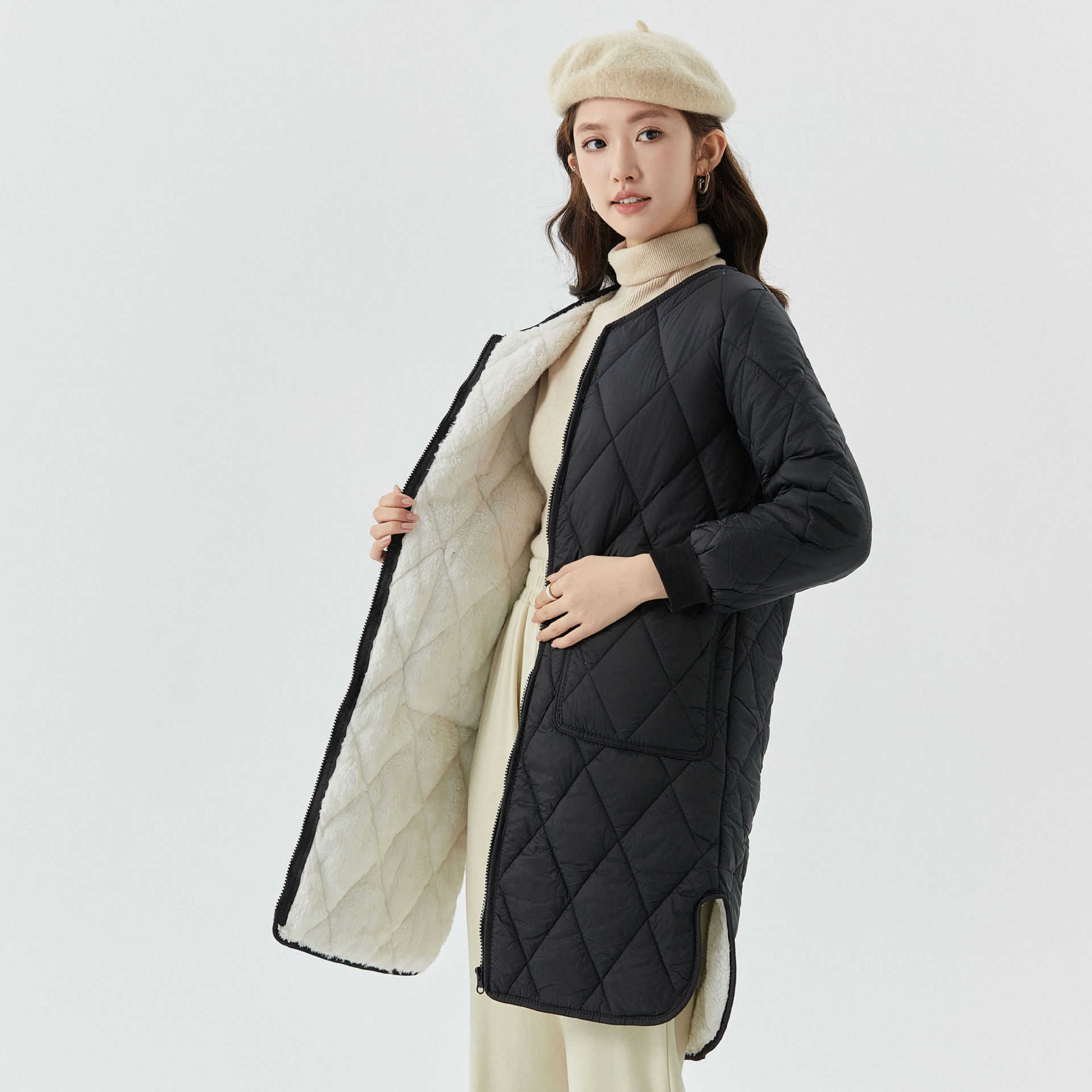 Womens Thick Warm Long Sleeve with Cotton Clip Womens Home Long Clothing Cotton Coat with Plush One Piece Sleeve with Hair 2401 Women Jackets Coat Wom