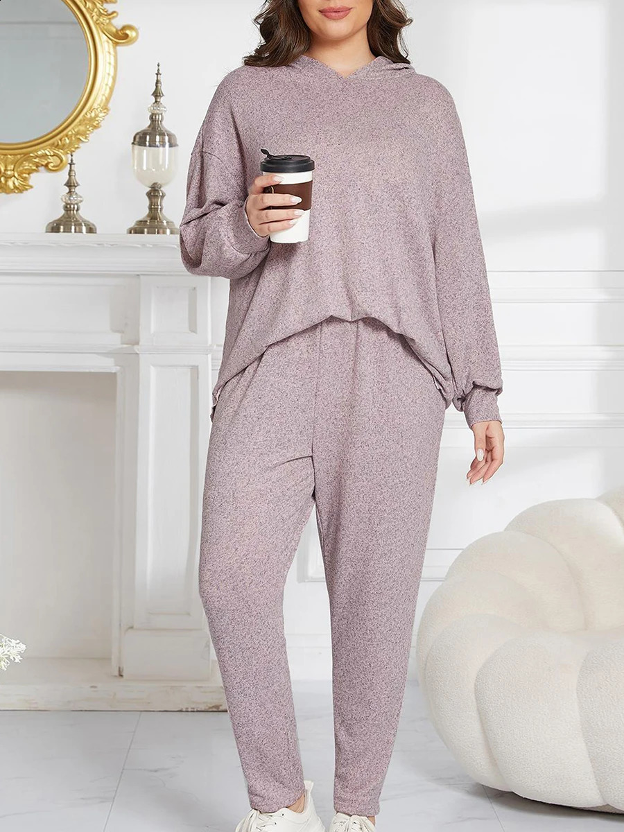 Women s 2 Piece Lounge Set Long Sleeve Solid Color Hooded Tops Pants Sleepwear Plus Size Sets 250106