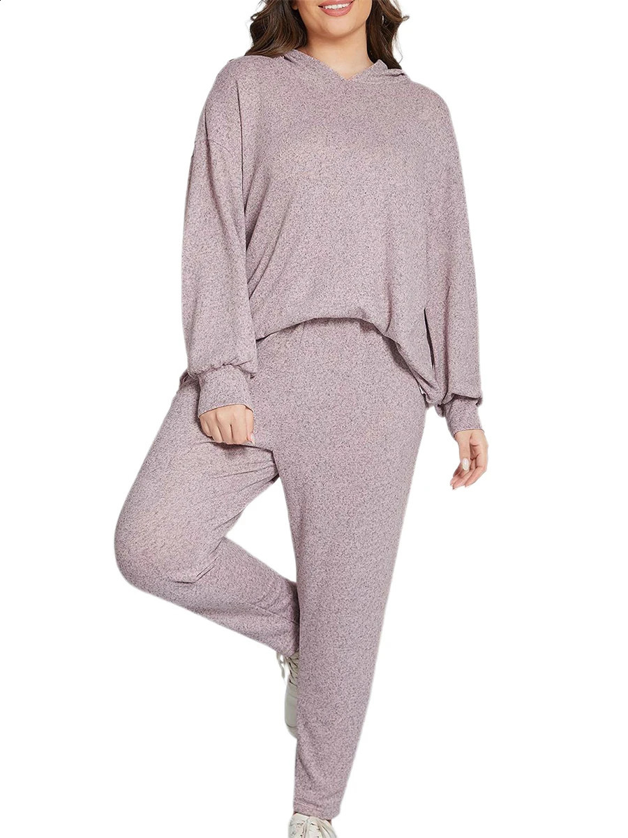Womens Cozy 2 Piece Lounge Set with Long Sleeve Hooded Top and Matching Pants in Solid Color Perfect Sleepwear Plus Size 250122