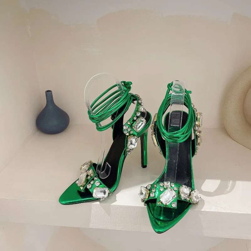 Sexy Thin High Heels Ankle Strap Sandals Womens Pointed Crystal Dia Party/club Wedding Party Shoe Sandalias Mujer