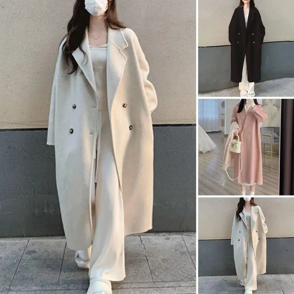 Women Loose Jacket Doublebreasted Mid Length Trench Coat for Windproof Warm Overcoat with Lapel Pockets Fall Winter 250102Z