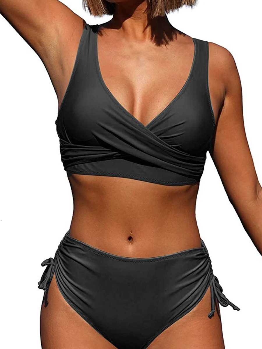 Drawstring High Waist Bikini Women Solid Swimwear Female Cross Front Swimsuit Padded Beachwear Bather Bathing Swimming Suit 250113
