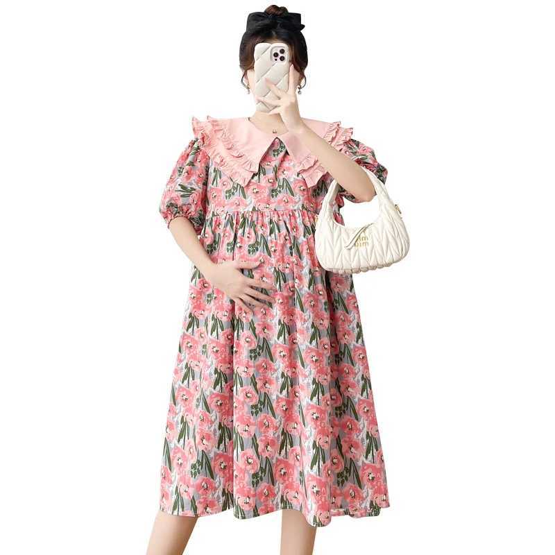 Korean style double-layer Peter Pan collar puff sleeves plus size pregnant floral dress knee length pregnant dress loose fit W250113
