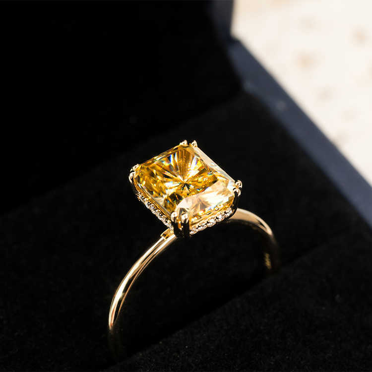 Goldleaf Real 14k Yellow Gold Engagement Ring with Long Cushion Cut Moissanite Diamond Romantic Women Gold Wedding Rings