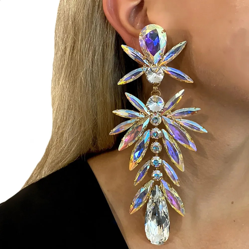 AB rhinestone pendant earrings party accessories fashionable and shiny large-sized crystal statement earrings wedding jewelry 250110