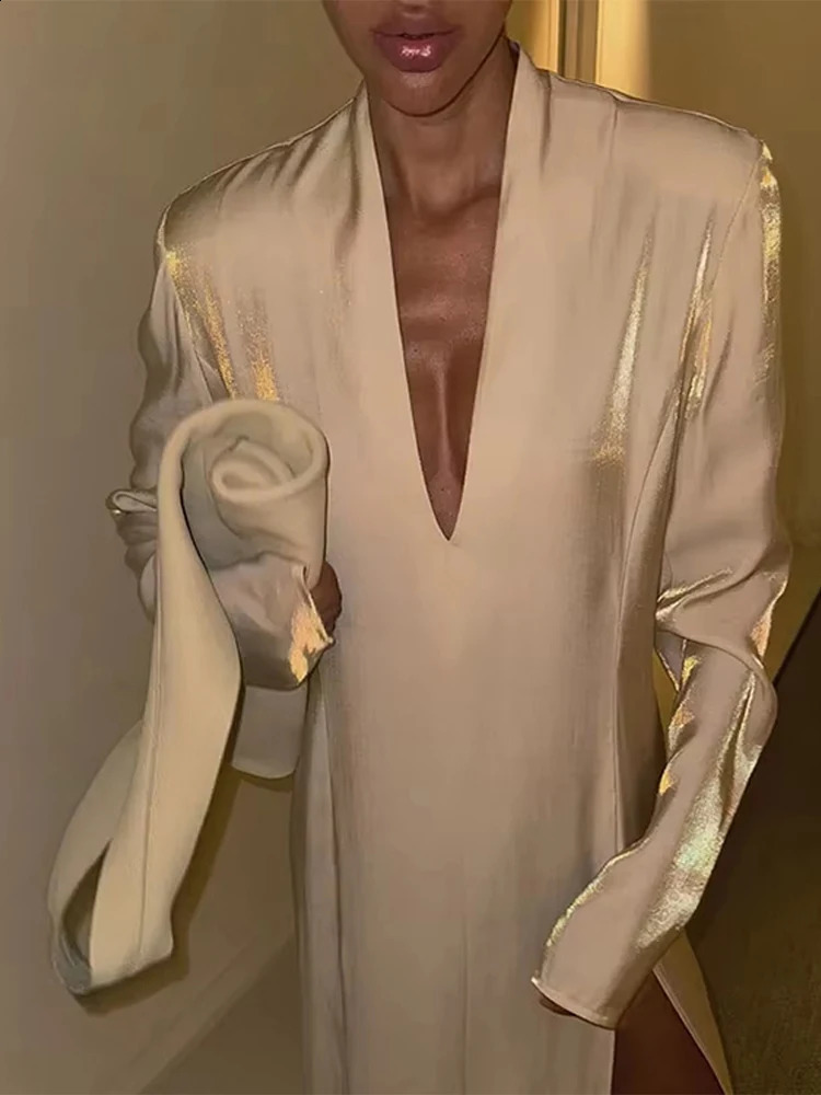 Fashion Solid V Neck Lady Dresses Full Sleeve Straight Women Dress 2025 Elegant Sexy Spring Beach Split Female Maxi Vestidos 250110