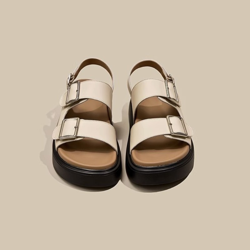 2025 sandals for women flat slippers Soft leather women's thick bottom buckle black brown khaki indoor outdoor casual shoes sandal slipper slide