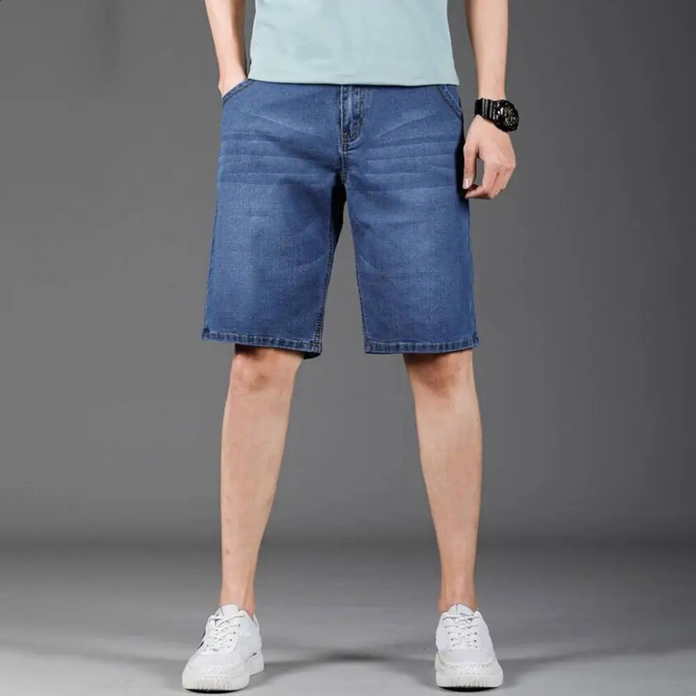 Summer Mens Denim Shorts Fashion Solid Color Casual Loose Multipocket Straight Fiveminute Pants Elastic Knee Jean 250103