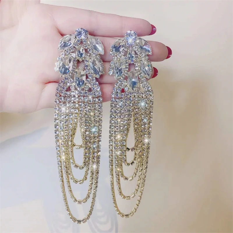 FYUAN geometric crystal earrings oversized long tassel rhinestone earrings womens earrings statement jewelry 250110
