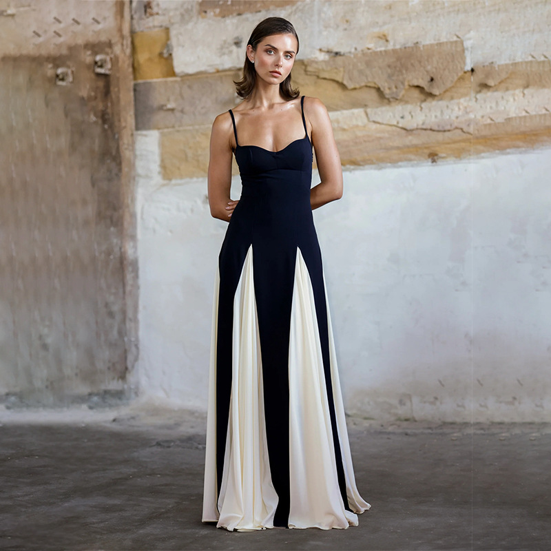 2024 Summer Elegant Female Vestidos Black White Patchwork Hem Maxi Dress Women Sexy Sleeveless Bodycon Sling Party Dresses