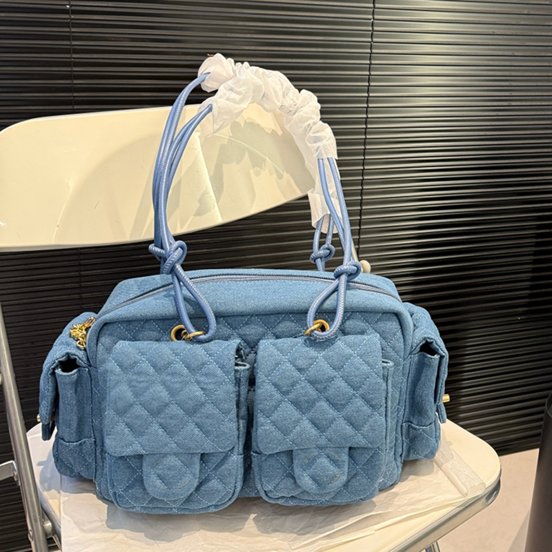 Motorcycle Bag Fashion Womens Shoulder Bag Leather Denim Gold Hardware Metal Lock Luxury Handbag Underarm Bag Multi-Pocket Shopping Bags Travel Sacoche Wallet 30cm