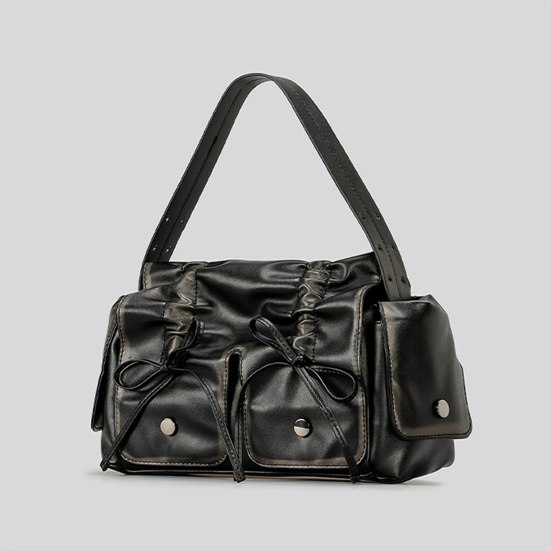 Moto&biker Bags for Women Designer Handbags Nad Purses 2024 New In Distressed Pu Leatther Rivet Bow Underarm Shoulder Bag