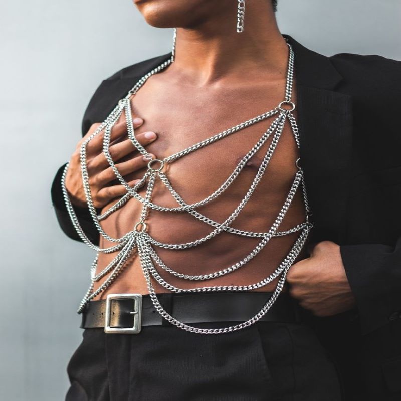 Stage Wear Men Heavy Metal Body Chains Multi Layered Sexy Necklace Chic Fashion Cosplay Party Show Accessories Chest Harness Belt