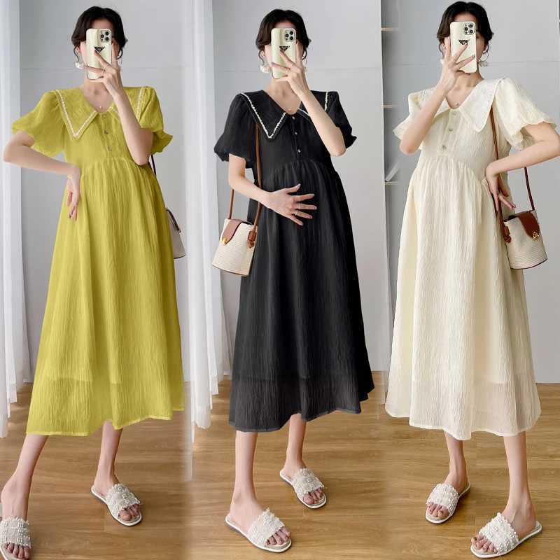2025 Summer Fashion Pregnant Dress Plus Size Puff Sleeve Collar Chiffon Dress A-Line Pregnant Dress W250113
