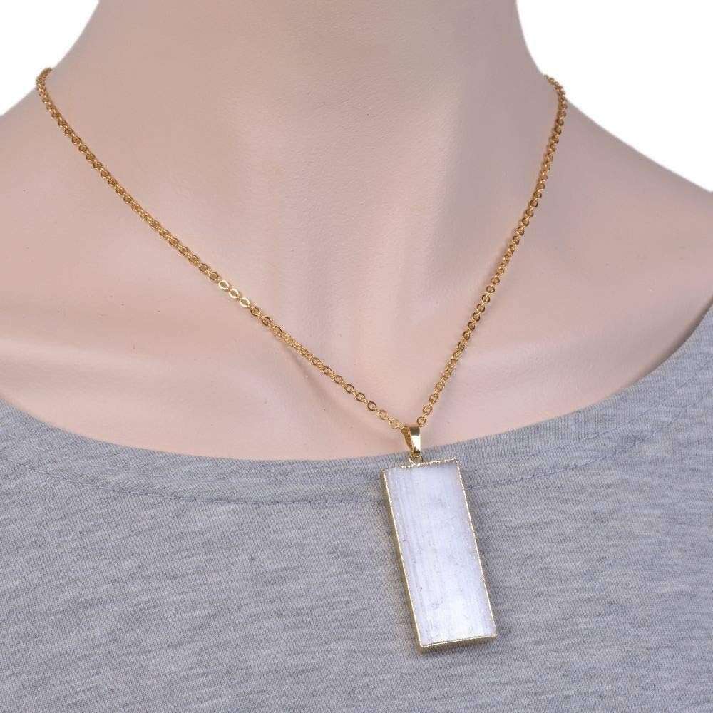 Natural White Selenite Heag Crystal Gold Plated Rectangle Pendant Necklace 20 Inch