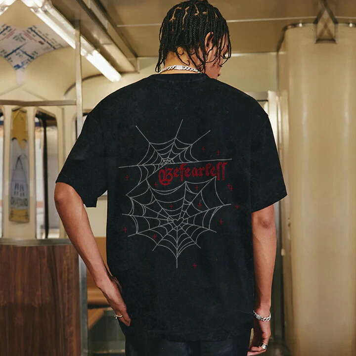 Street casual hip-hop punk style men's spider print washed summer trendy T-shirt
