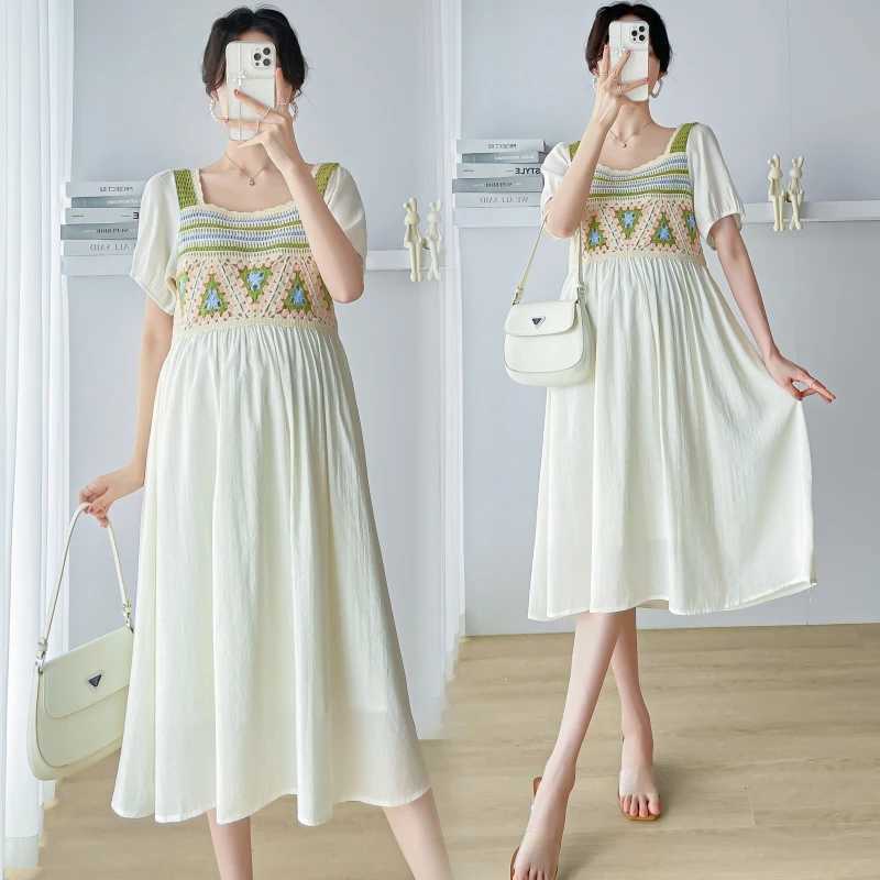 Summer new maternity dress short Sleve Square collar hollow knit splicing work backless maternity chiffon dress W250113