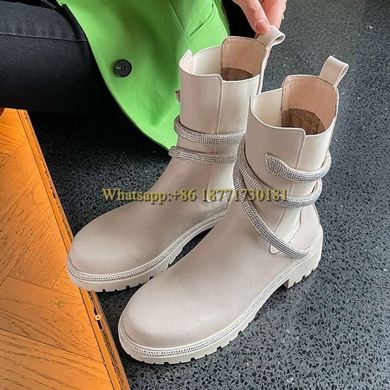 Black Snake-Shaped Winding Thick-Soled Ankle Woman Winter 2025 White Round Toe Slip-On British Style Boots for Women
