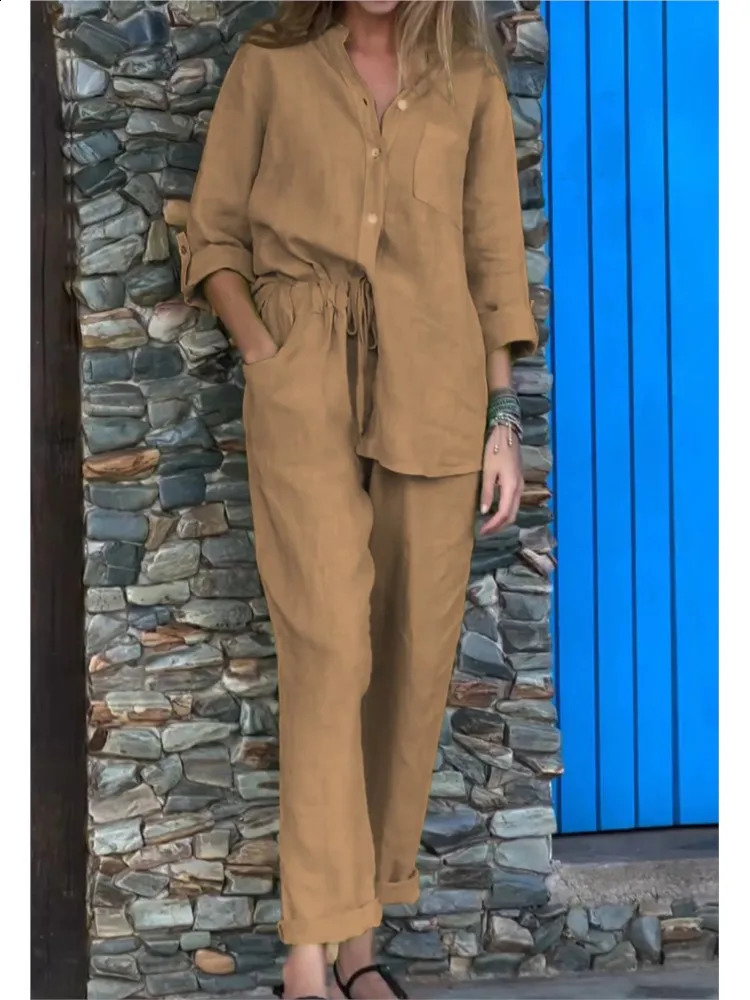 Womens Cotton Linen Solid Color Two-piece Sets 2024 Spring Autumn Fashion V Neck Top Elastic Waist Loose Wide Leg Pants Set 250107