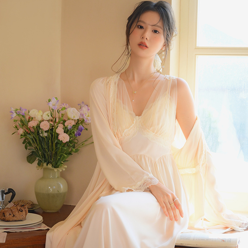 B651-French sexy pajamas for women 2024 autumn style ice silk sling nightgown lace pure desire style home clothes can be worn outside