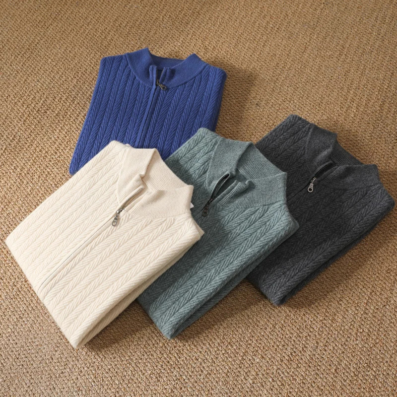 Mens Autumn And Winter Top 100% Merino Wool Knit Sweater With Zipper Stand Up Collar And Wheat Grain Pattern Cardigan 250113 - view 7