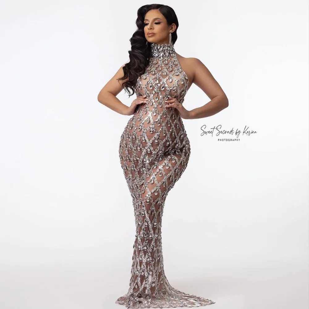 2024 sexy chiffon crystal pregnant woman photo shoot dress luxury sequin rhinestone body dress for pregnancy photography W250113