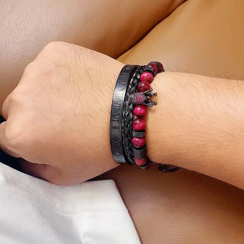 Set Tiger Stone Bead Crown Talisman Mens Bracelet Black Roman Stainless Steel Bracelet Womens Jewelry Halloween Gift 250109