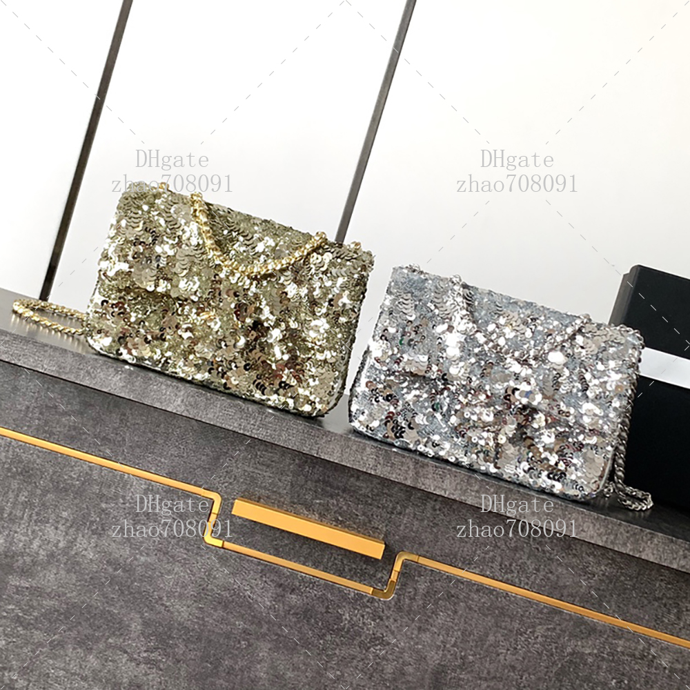 Genuine Leather Sequin Flap Bag - Women's Crossbody Shoulder Purse (20cm) With box C685