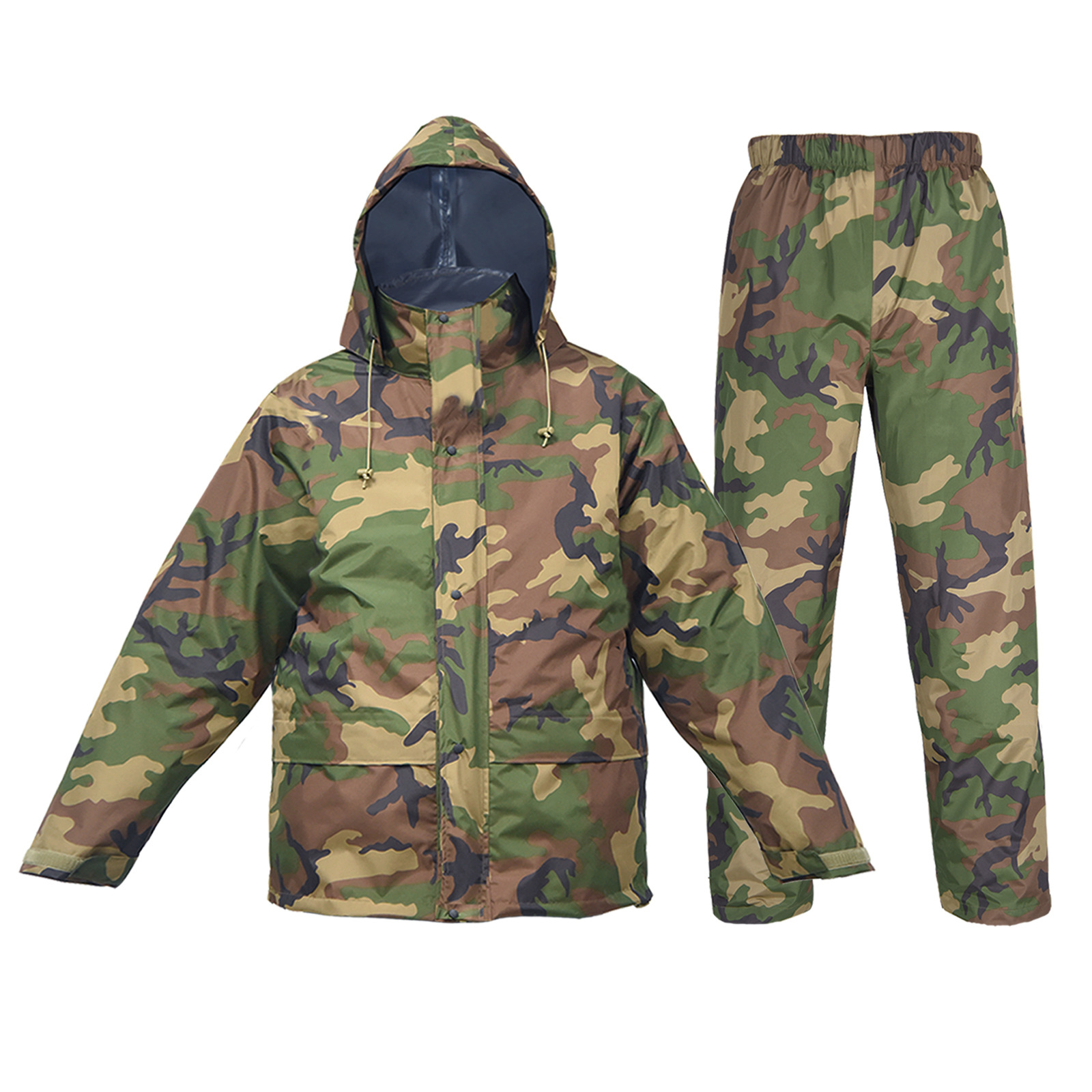 Portable Woodland Camo Poncho Raincoat Set with Rain Pants Folding Waterproof Clothes Trip Man Rain Jacket