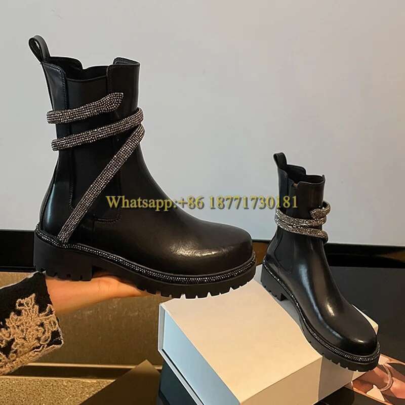 Black Snake-Shaped Winding Thick-Soled Ankle Woman Winter 2025 White Round Toe Slip-On British Style Boots for Women