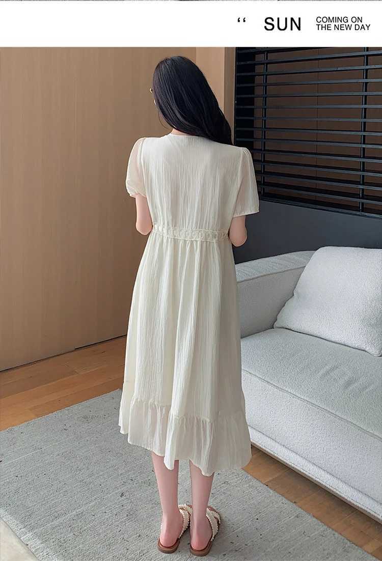 Summer short sleeved maternity dress Drstring waist hollow lace patch work V-neck maternity beach dress holiday dress W250113