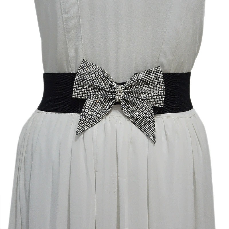 New rhinestone bow elastic elastic ladies decorative dress belt wide waist seal black