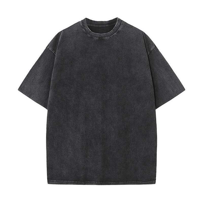 230g distressed washed T-shirt with American street print round neck trendy cotton off shoulder short sleeved shirt