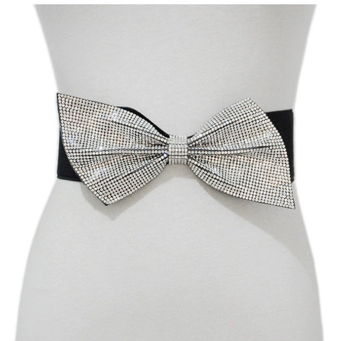 New rhinestone bow elastic elastic ladies decorative dress belt wide waist seal black