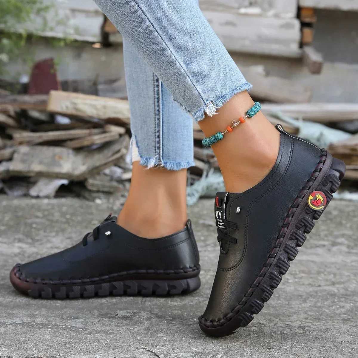 Platform Sneakers Women Shoes Loafers Lace Up Leather Flat Slip- 2023 New Autumn Casual Mom Shoe Mujer Zapatos Chaussure FemmeXJ250113