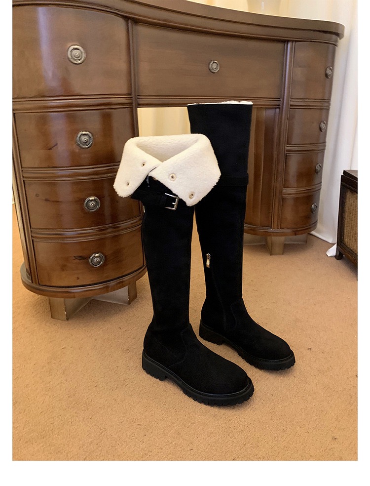 Winter Black New Lamb Wool Over The Knee Woman Round Toe New Slip On Tube Warming Fur Long Thigh Boots 1a26
