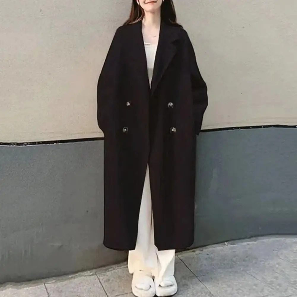 Women Loose Jacket Doublebreasted Mid Length Trench Coat for Windproof Warm Overcoat with Lapel Pockets Fall Winter 250102Z