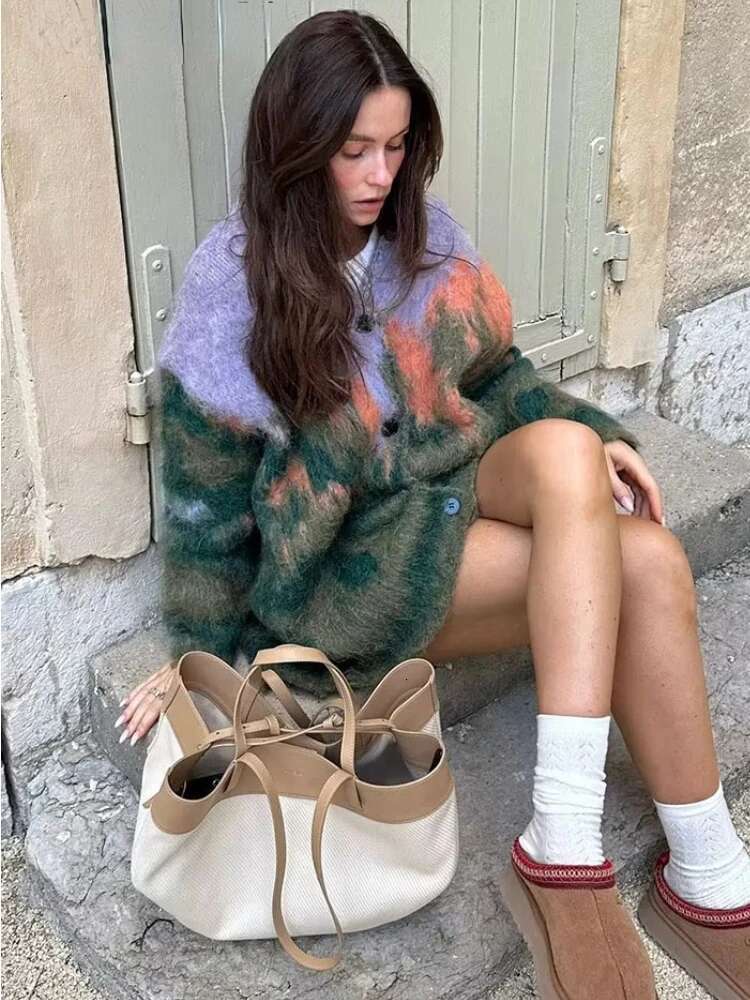 ZBZA Knitted Printed Cardigan Loose Colorful V-Neck Vintage Landscape Pattern Single Breasted Sweater Autumn Female Chic Outwear